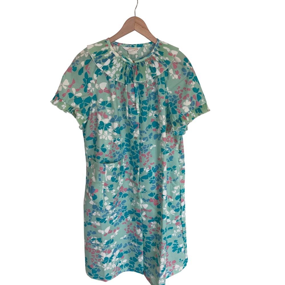 Vintage Leisure Life House Dress Mint Floral Butterfly Pleated Collar L 901